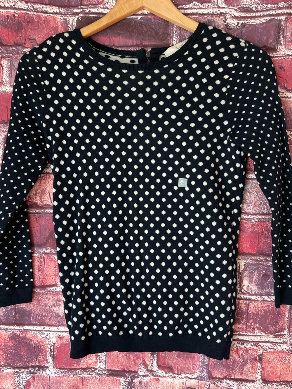 LOFT Navy & White Polka Dot Crewneck Back-Zip Sweater